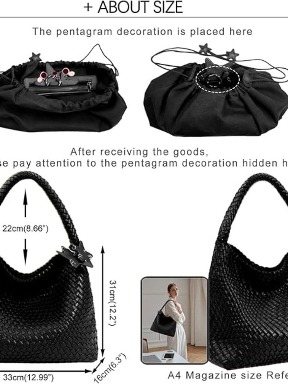 Woven Tote Bag Shoulder Handbags Black Hobo Handwoven Satchel Top Handle - Picture 5 of 6
